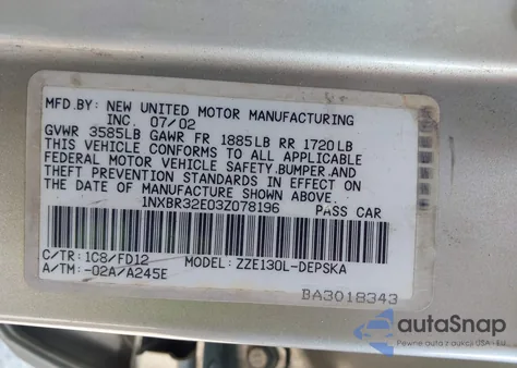 2003 Toyota Corolla S from USA, damaged, VIN 1NXBR32E03Z078196